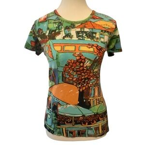 ORIENTIQUE COLOURFUL CAFE PRINT SHORT SLEEVE/ 100% COTTON T-SHIRT/ Size S
